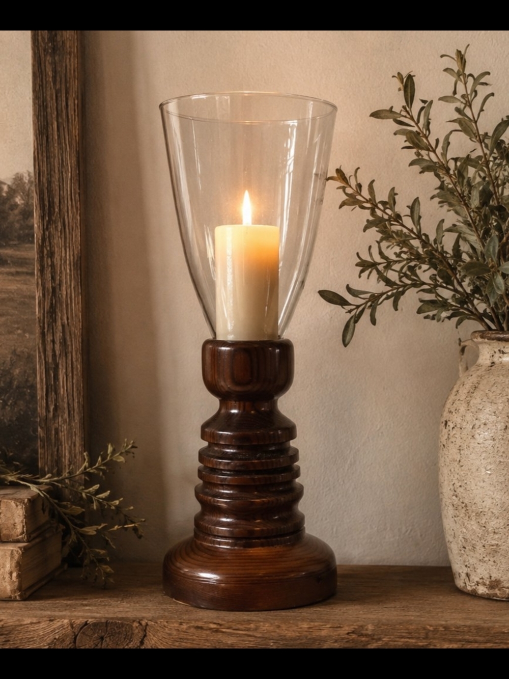 Vintage Turned Wood Hurricane Candle Holder Glass Pillar Pedestal Base 12.5"